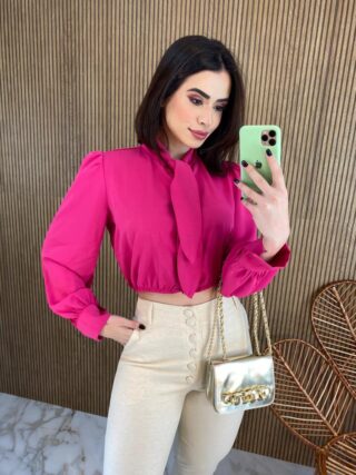 Cropped Feminino Manga Longa com Botões e Amarração Pink Fernanda Ramos Store