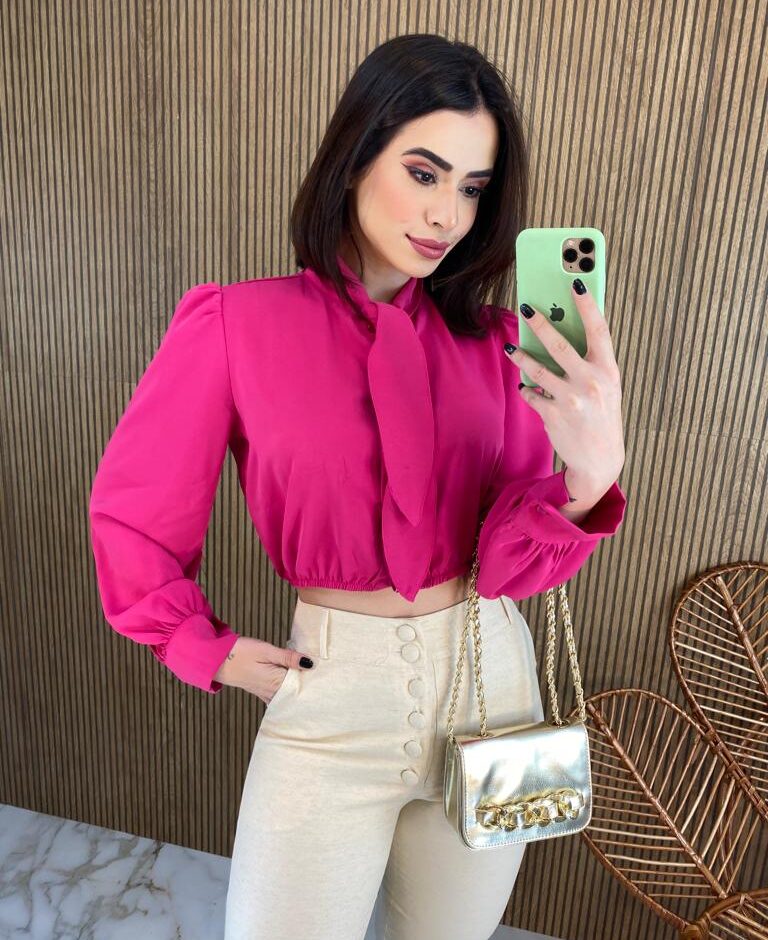 Cropped Feminino Manga Longa com Botões e Amarração Pink - Fernanda Ramos Store