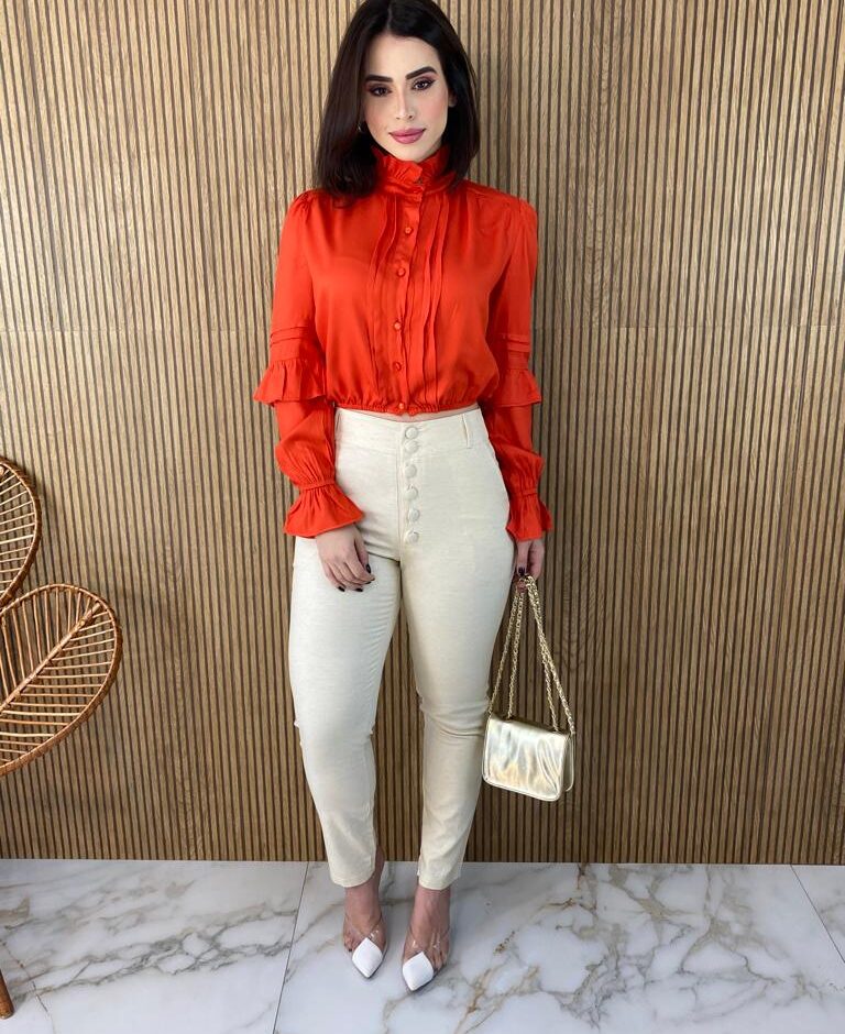 Cropped Feminino Manga Longa com Botões Liz Coral - Fernanda Ramos Store