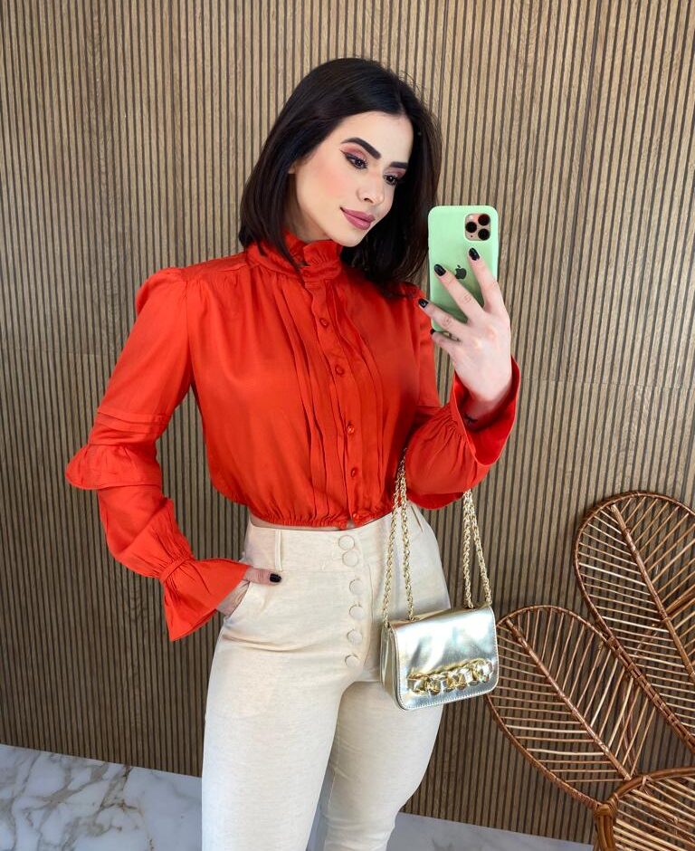 Cropped Feminino Manga Longa com Botões Liz Coral - Fernanda Ramos Store