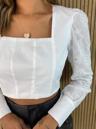 Cropped Feminino Manga Longa em Laise Tricoline Branco - Fernanda Ramos Store