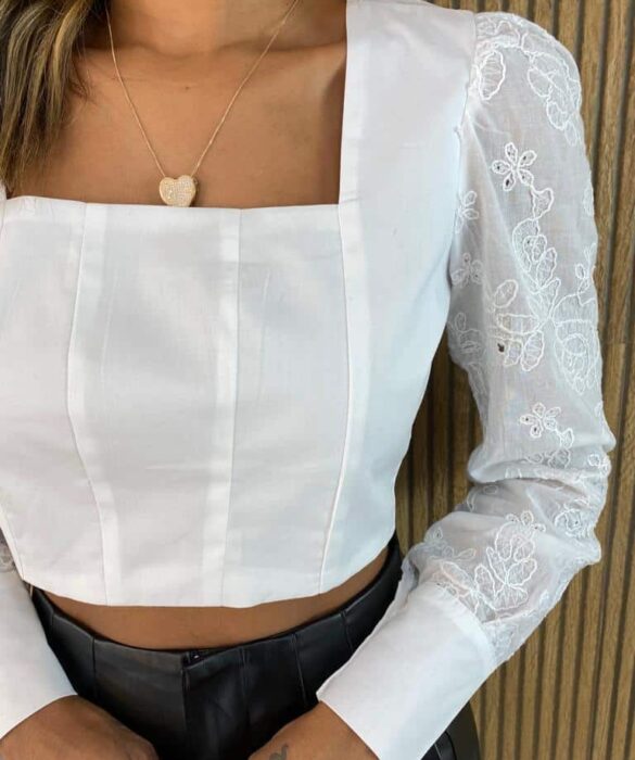 Cropped Feminino Manga Longa em Laise Tricoline Branco - Fernanda Ramos Store