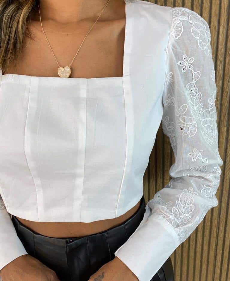 Cropped Feminino Manga Longa em Laise Tricoline Branco - Fernanda Ramos Store