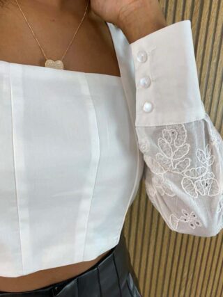 Cropped Feminino Manga Longa em Laise Tricoline Branco - Fernanda Ramos Store