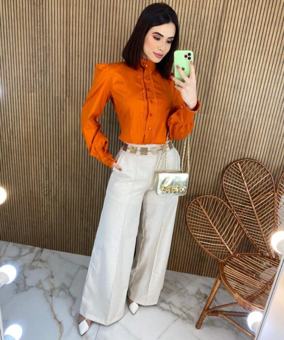 Cropped Feminino Manga Longa Tricoline com Renda Terracota - Fernanda Ramos Store