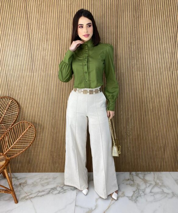 Cropped Feminino Manga Longa Tricoline com Renda Verde - Fernanda Ramos Store