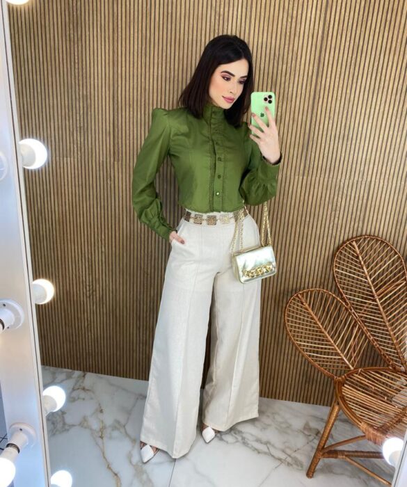 Cropped Feminino Manga Longa Tricoline com Renda Verde - Fernanda Ramos Store