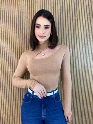 Cropped Feminino Manga Longa Tricot Modal com Abertura Bege - Fernanda Ramos Store