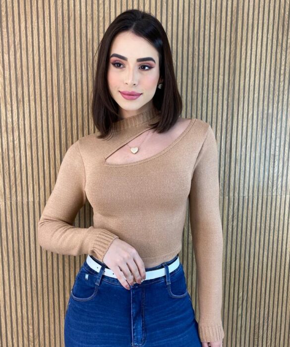 Cropped Feminino Manga Longa Tricot Modal com Abertura Bege - Fernanda Ramos Store