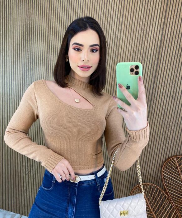 Cropped Feminino Manga Longa Tricot Modal com Abertura Bege - Fernanda Ramos Store