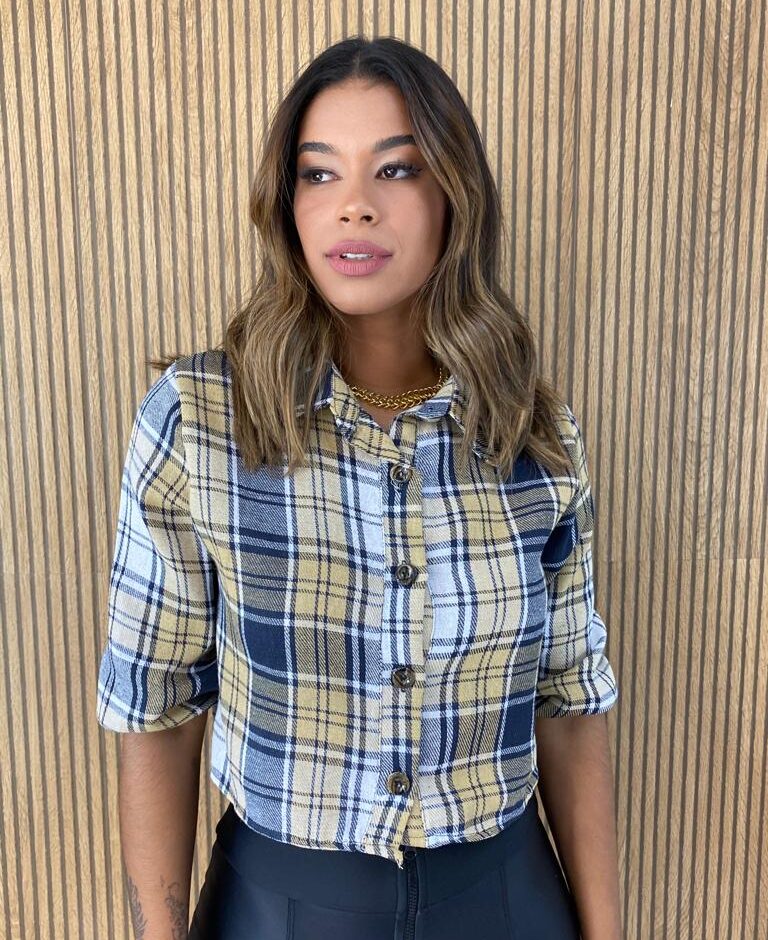 Camisa Cropped Feminino Manga Longa Xadrez Azul e Amarelo - Fernanda Ramos Store