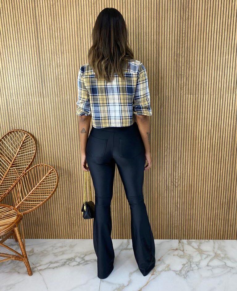 Camisa Cropped Feminino Manga Longa Xadrez Azul e Amarelo - Fernanda Ramos Store