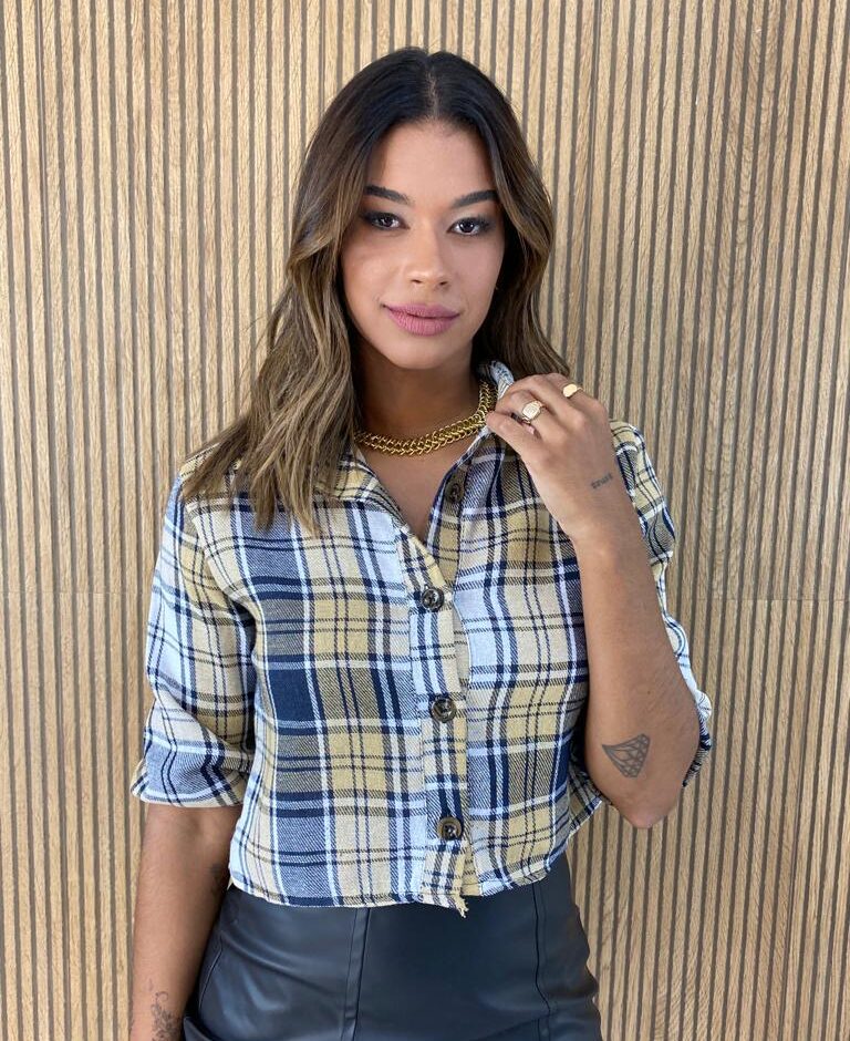 Camisa Cropped Feminino Manga Longa Xadrez Azul e Amarelo - Fernanda Ramos Store