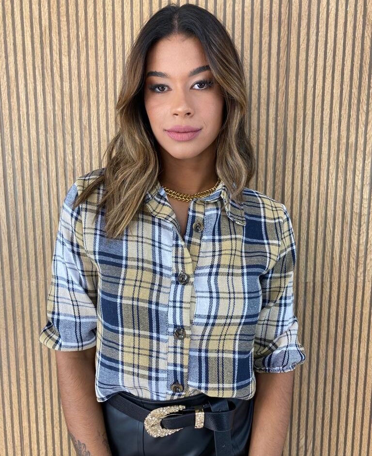 Camisa Cropped Feminino Manga Longa Xadrez Azul e Amarelo - Fernanda Ramos Store