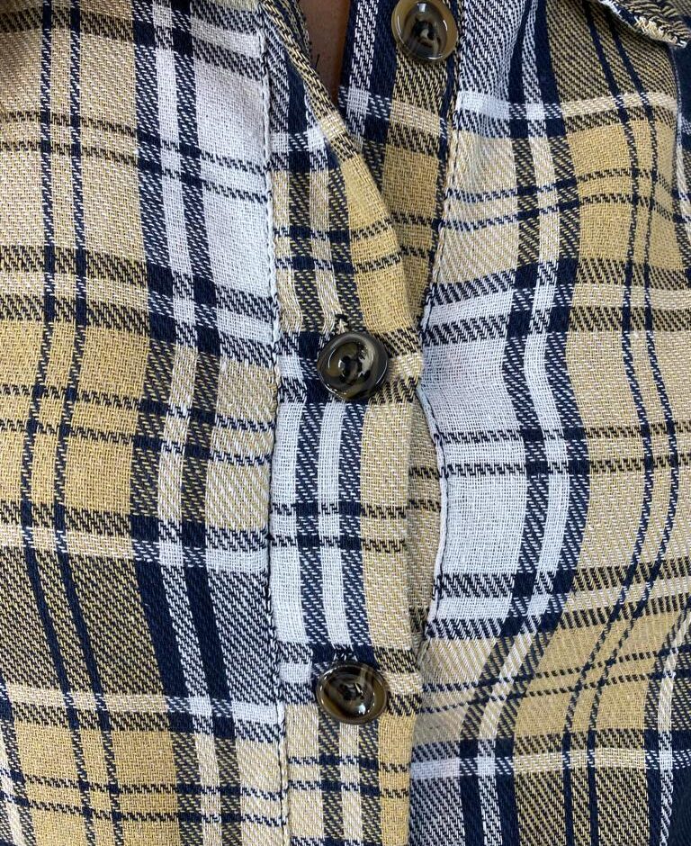 Camisa Cropped Feminino Manga Longa Xadrez Azul e Amarelo - Fernanda Ramos Store