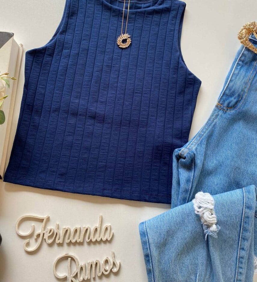 Cropped Feminino sem Bojo Malha Canelada Azul Marinho - Fernanda Ramos Store