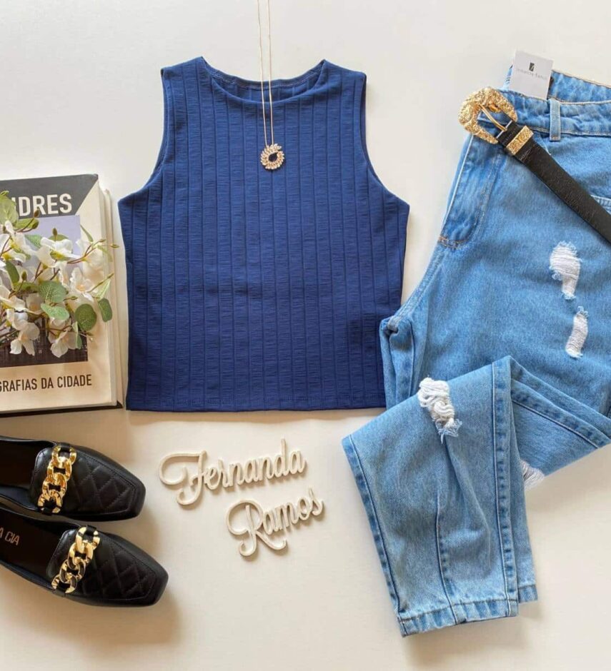 Cropped Feminino sem Bojo Malha Canelada Azul Marinho - Fernanda Ramos Store