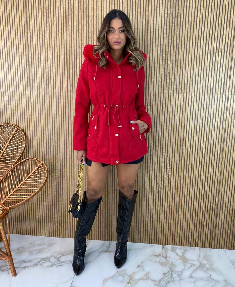 Parka Feminina Capuz Removível Laura Vermelha - Fernanda Ramos Store