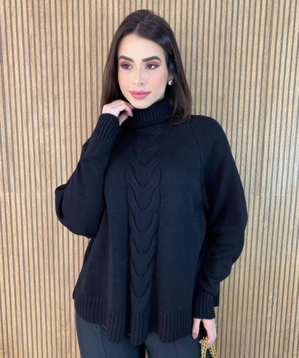 Poncho Feminino Tricot Isa Gola Alta Preto - Fernanda Ramos Store