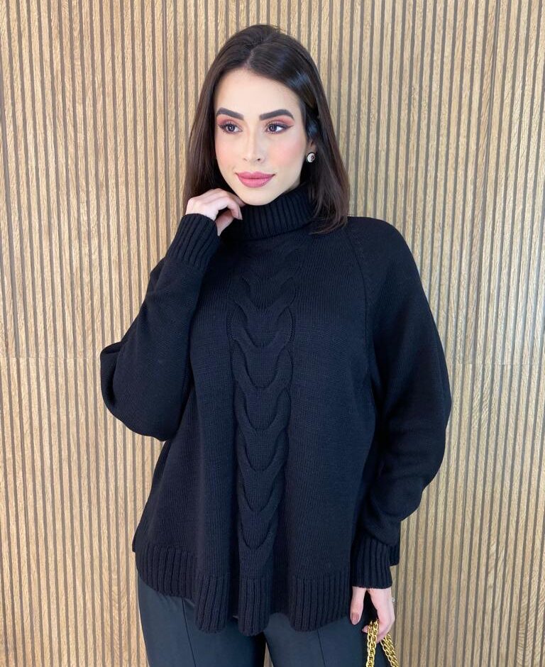 Poncho Feminino Tricot Isa Gola Alta Preto - Fernanda Ramos Store