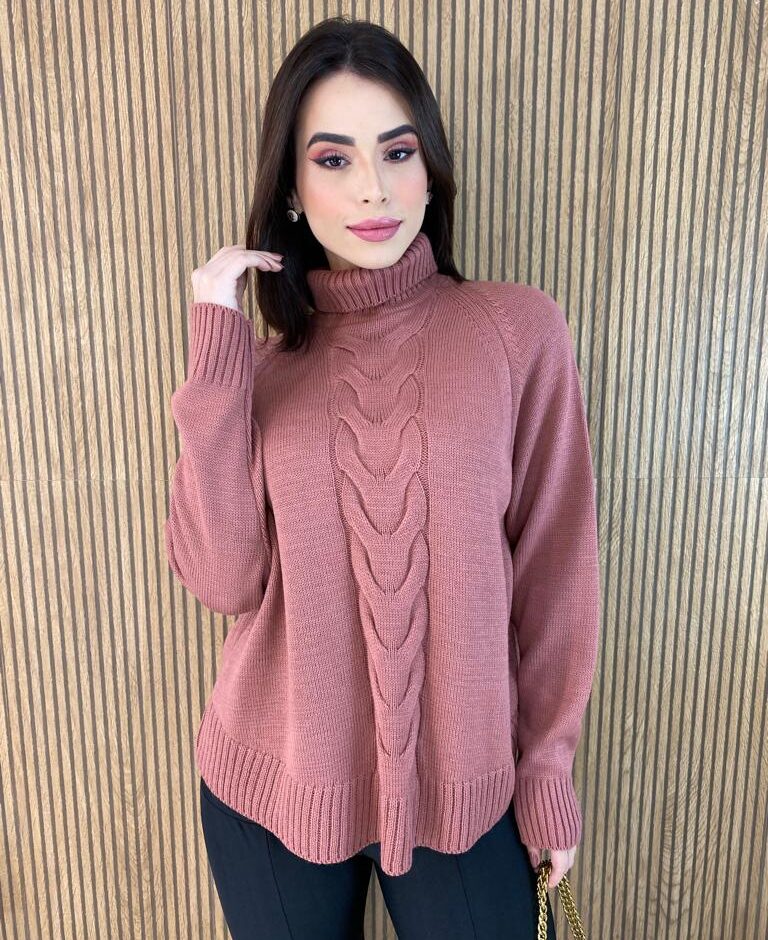 Poncho Feminino Tricot Isa Gola Alta Rose Fernanda Ramos Store