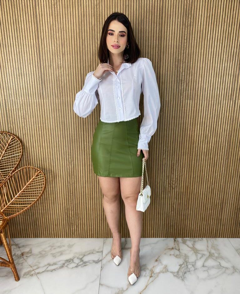 Saia Curta Feminina Couro Eco Verde - Fernanda Ramos Store