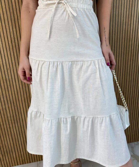 Saia Midi com Camadas Mariana Off White - Fernanda Ramos Store