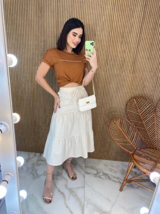 Saia Midi com Camadas Mariana Off White - Fernanda Ramos Store