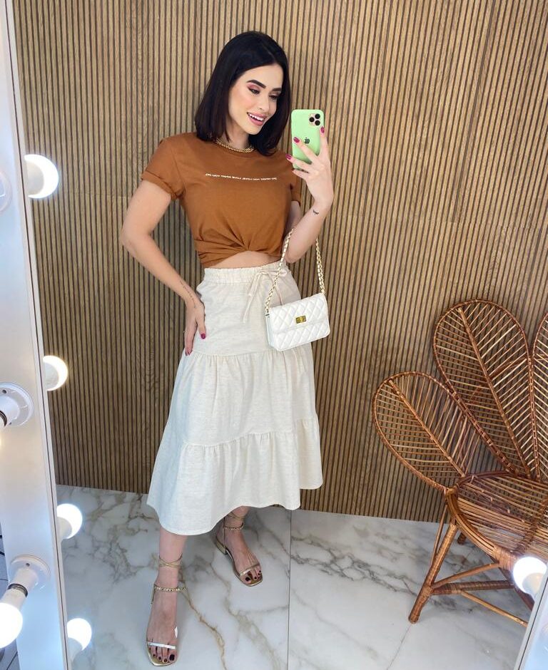 Saia Midi com Camadas Mariana Off White - Fernanda Ramos Store