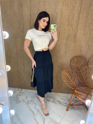 Saia Midi com Camadas Mariana Preta - Fernanda Ramos Store