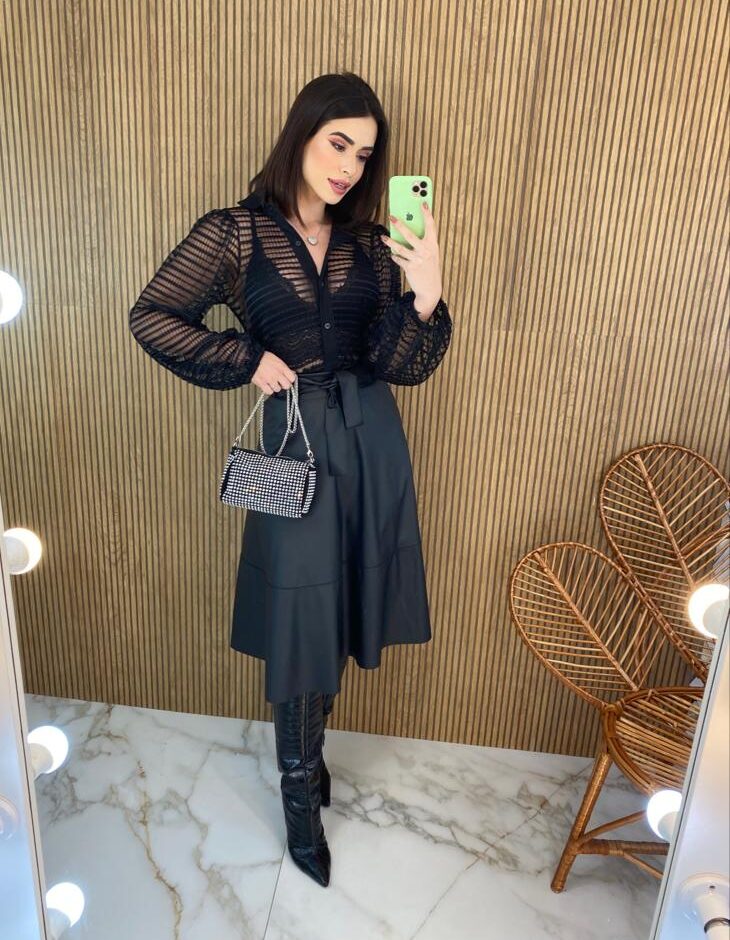 Saia Midi Couro Eco com Amarração Brenda Preta - Fernanda Ramos Store