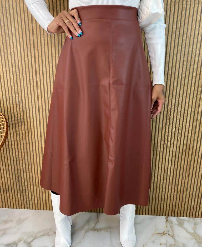 Saia Midi Couro Eco Veronica Marrom - Fernanda Ramos Store