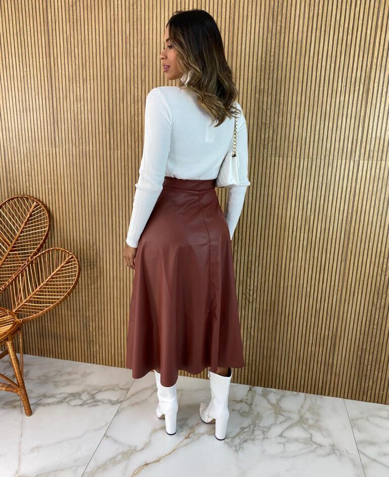 Saia Midi Couro Eco Veronica Marrom - Fernanda Ramos Store