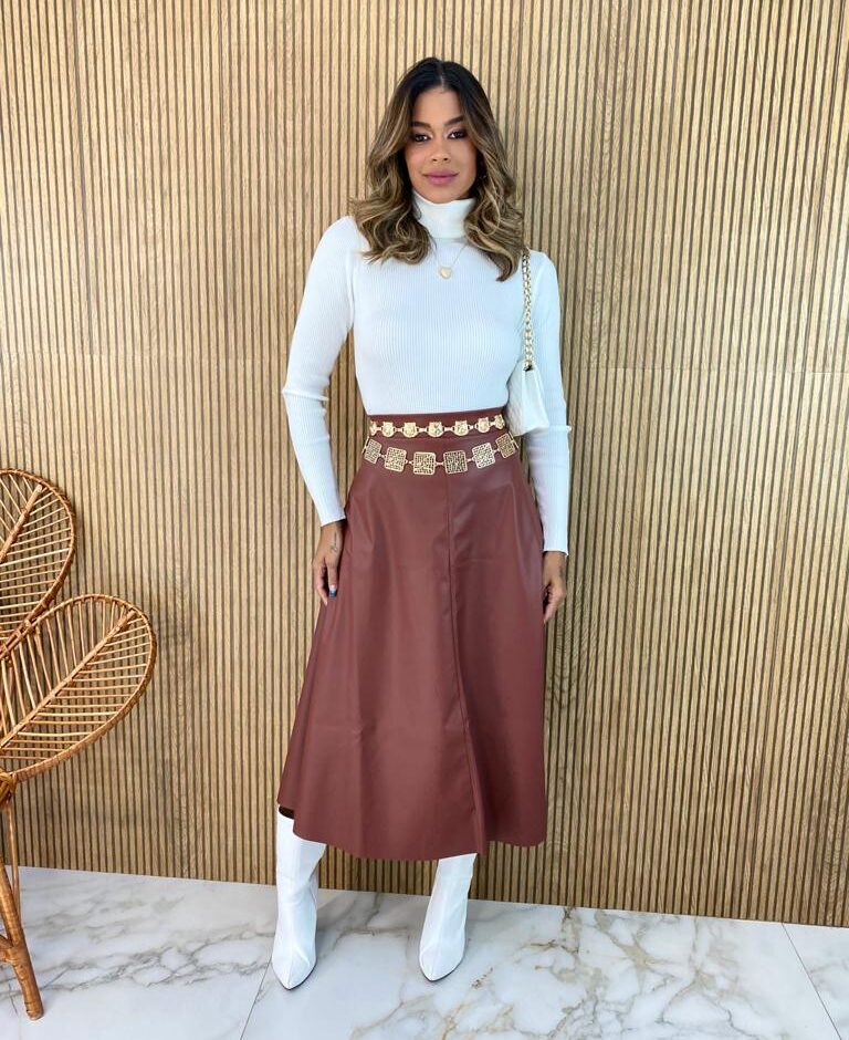 Saia Midi Couro Eco Veronica Marrom - Fernanda Ramos Store