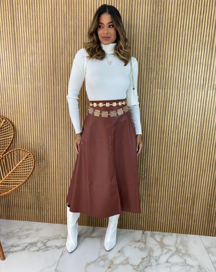 Saia Midi Couro Eco Veronica Marrom - Fernanda Ramos Store