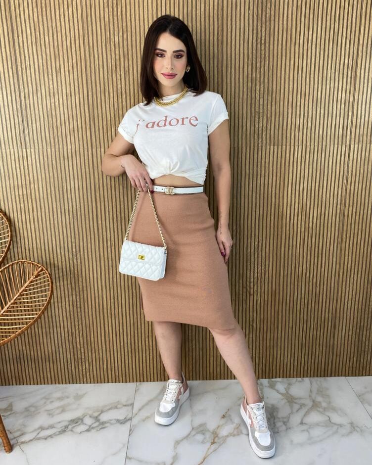 Saia Midi Feminina Tricot Modal Duda Bege - Fernanda Ramos Store