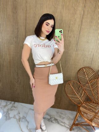 Saia Midi Feminina Tricot Modal Duda Bege - Fernanda Ramos Store