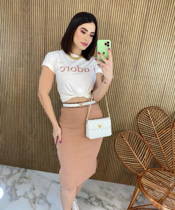 Saia Midi Feminina Tricot Modal Duda Bege - Fernanda Ramos Store