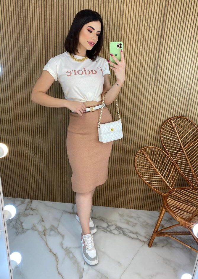 Saia Midi Feminina Tricot Modal Duda Bege - Fernanda Ramos Store