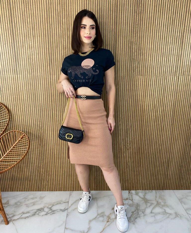 Saia Midi Feminina Tricot Modal Duda Bege - Fernanda Ramos Store