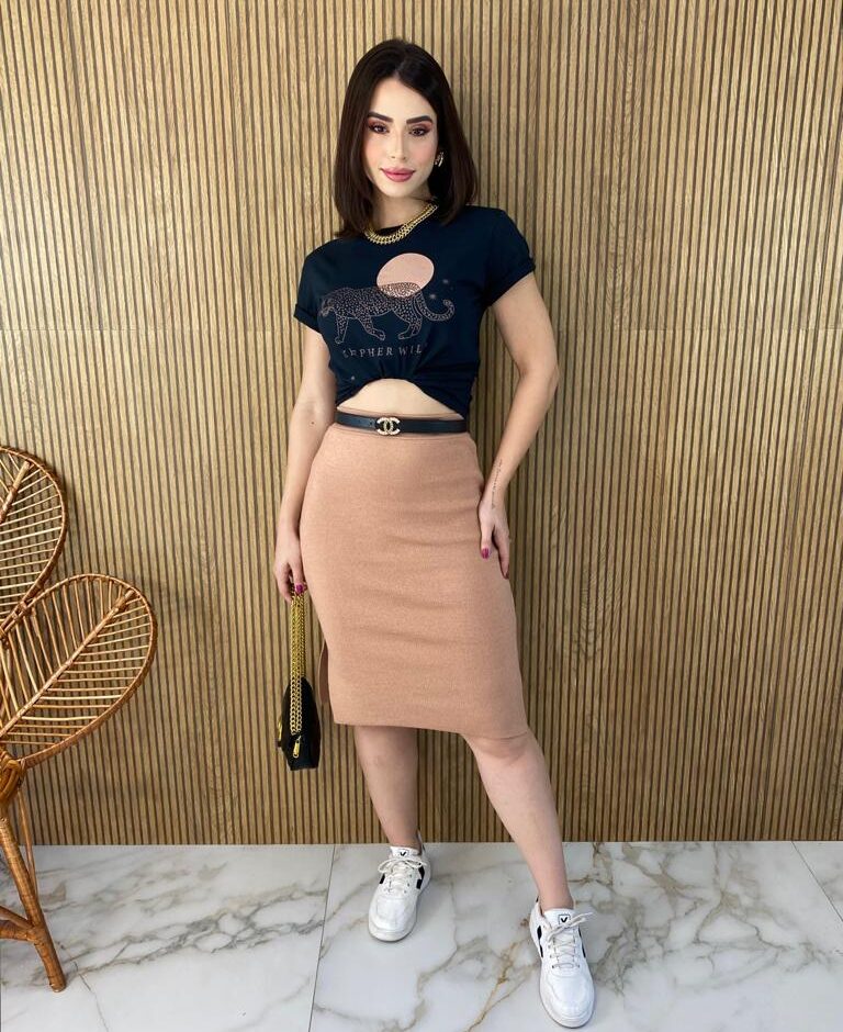 Saia Midi Feminina Tricot Modal Duda Bege - Fernanda Ramos Store