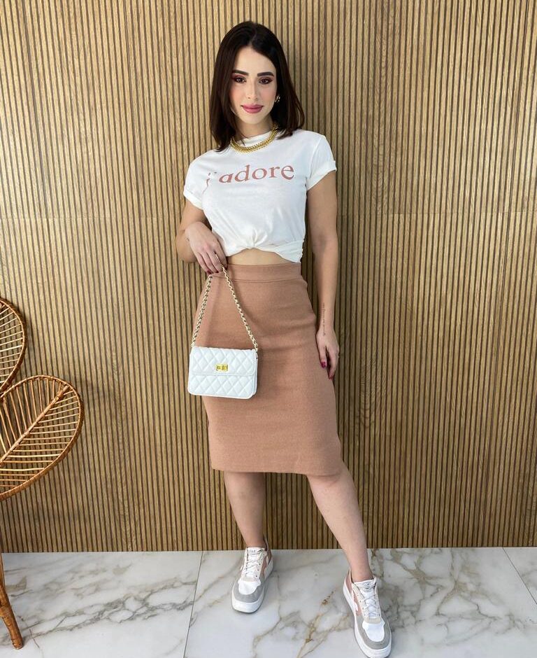 Saia Midi Feminina Tricot Modal Duda Bege - Fernanda Ramos Store