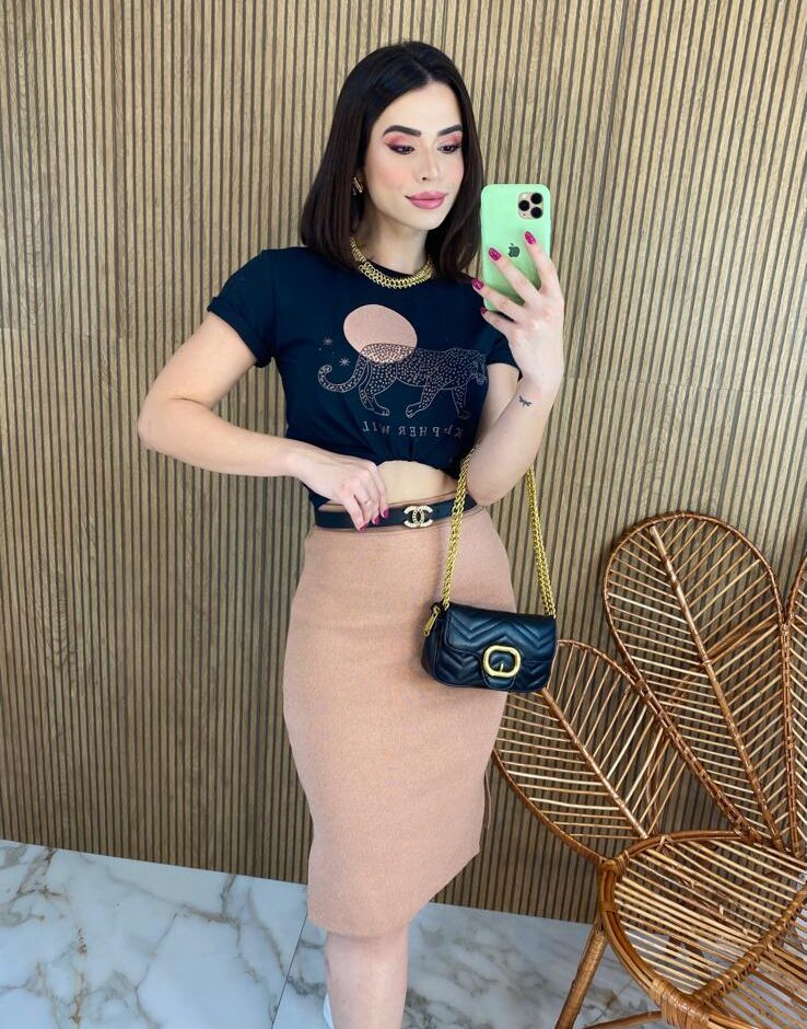 Saia Midi Feminina Tricot Modal Duda Bege - Fernanda Ramos Store