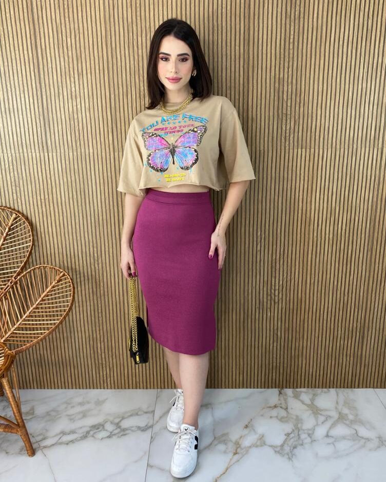 Saia Midi Feminina Tricot Modal Duda Fúcsia - Fernanda Ramos Store