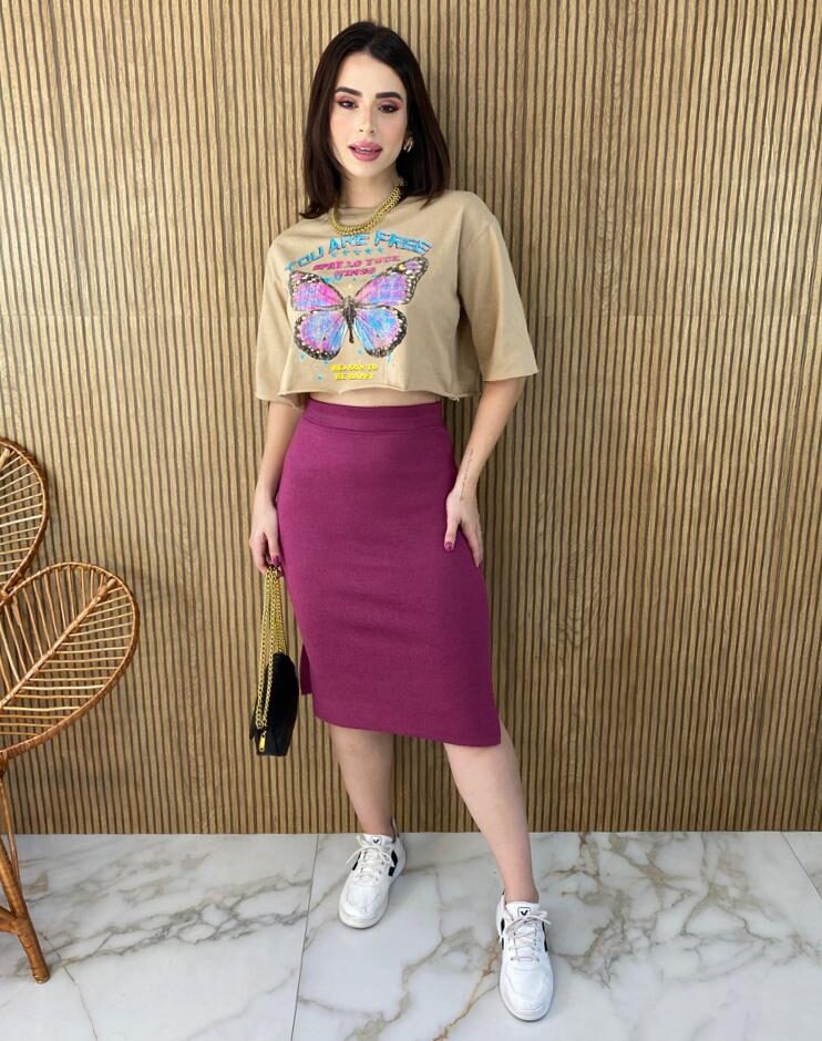 Saia Midi Feminina Tricot Modal Duda Fúcsia - Fernanda Ramos Store