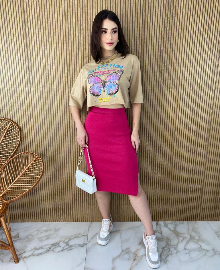 Saia Midi Feminina Tricot Modal Duda Pink - Fernanda Ramos Store