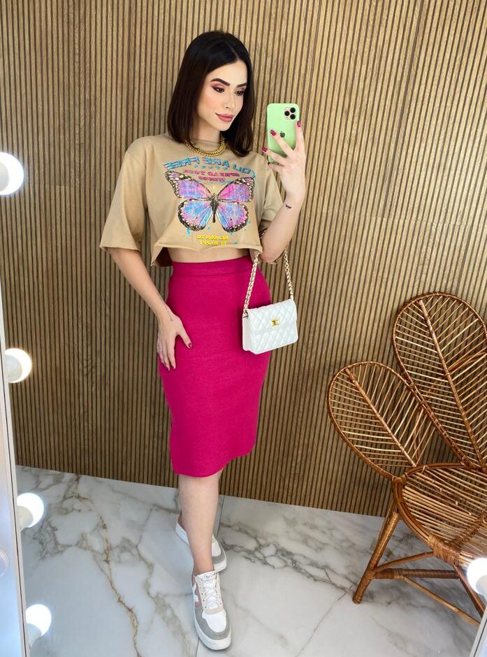 Saia Midi Feminina Tricot Modal Duda Pink - Fernanda Ramos Store