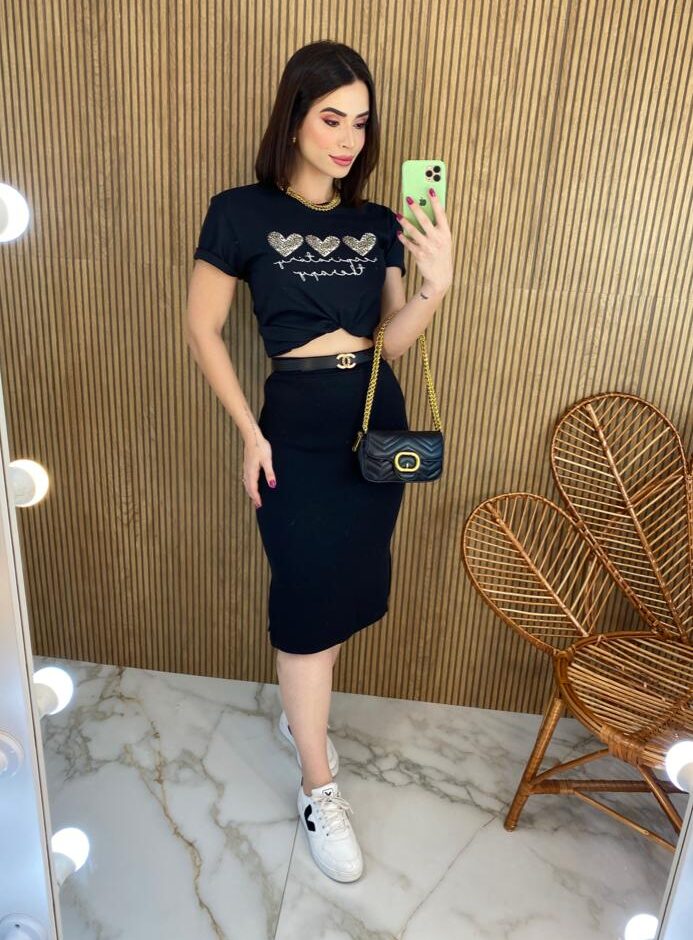 Saia Midi Feminina Tricot Modal Duda Preta - Fernanda Ramos Store