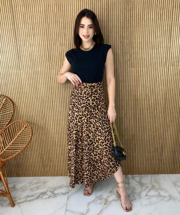 Saia Midi Transpassada com Amarração Mila Estampa Animal Print - Fernanda Ramos Store