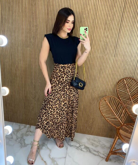 Saia Midi Transpassada com Amarração Mila Estampa Animal Print - Fernanda Ramos Store